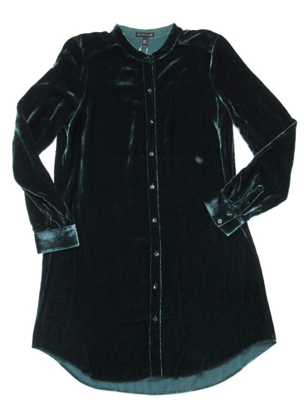 NWT Eileen Fisher Mandarin Collar Long Shirt in Pine Green Velvet Tunic XS